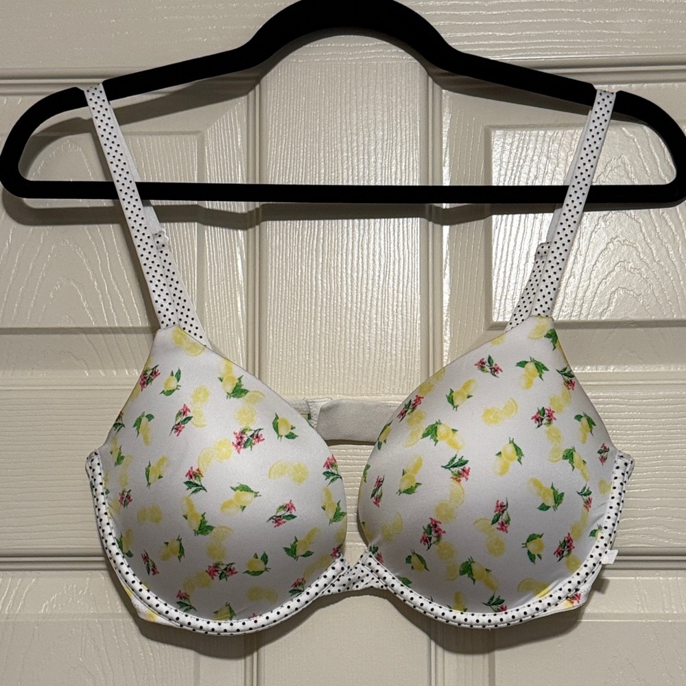 Victoria's Secret Push up 34 DD White Lemon/ Floral/ Polka Dot Bra